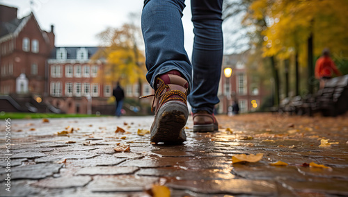 Close up of legs of a man walking in the park during autumn