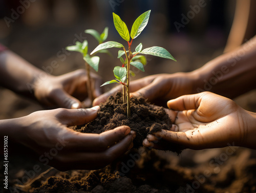 Hands together holding a small plant in fertile soil, environmental sustainability, care for growth, close-up.