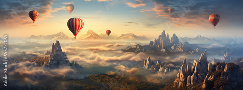 hot air balloons fly in the sky over mountain landscape