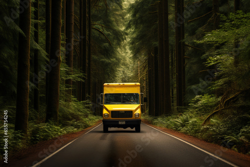 A Yellow delivery truck on the American road surrounded by beautiful nature.