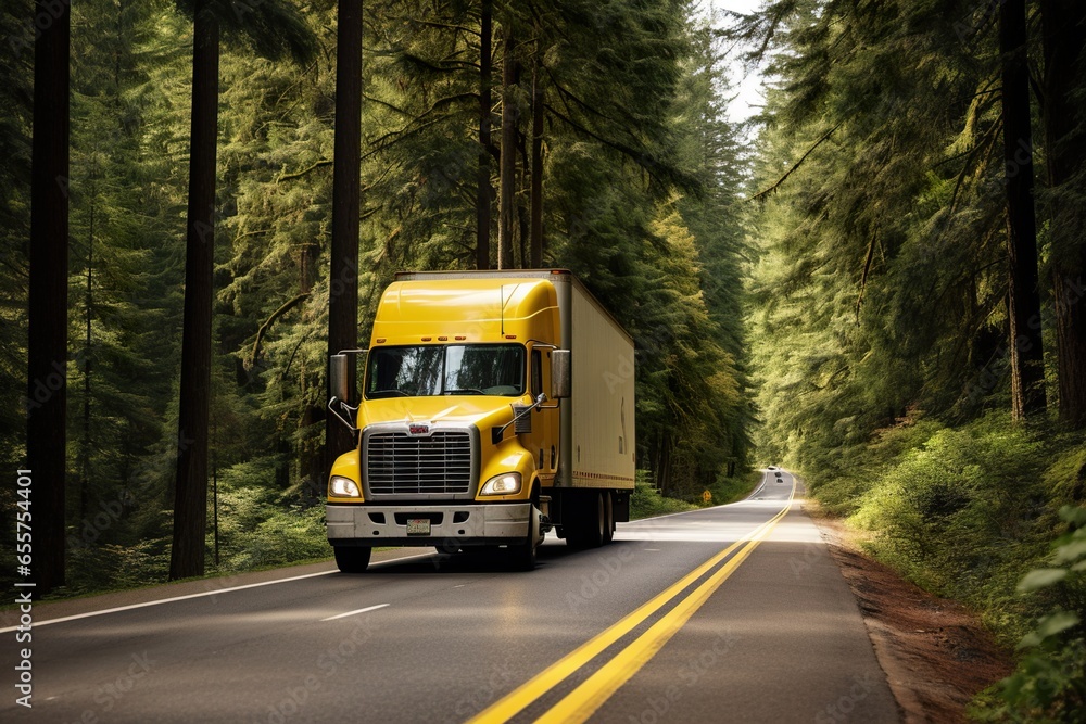 A Yellow delivery truck on the American road surrounded by beautiful nature.