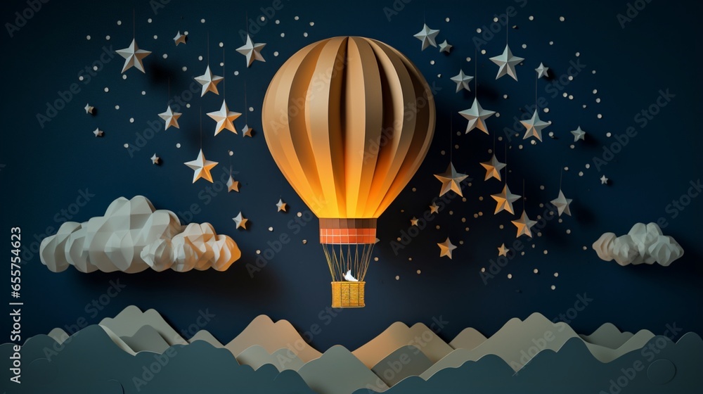 A Night Sky with a Paper Craft Hot Air Balloon, Designed in Origami Style for Baby Nursery and Children's Decor