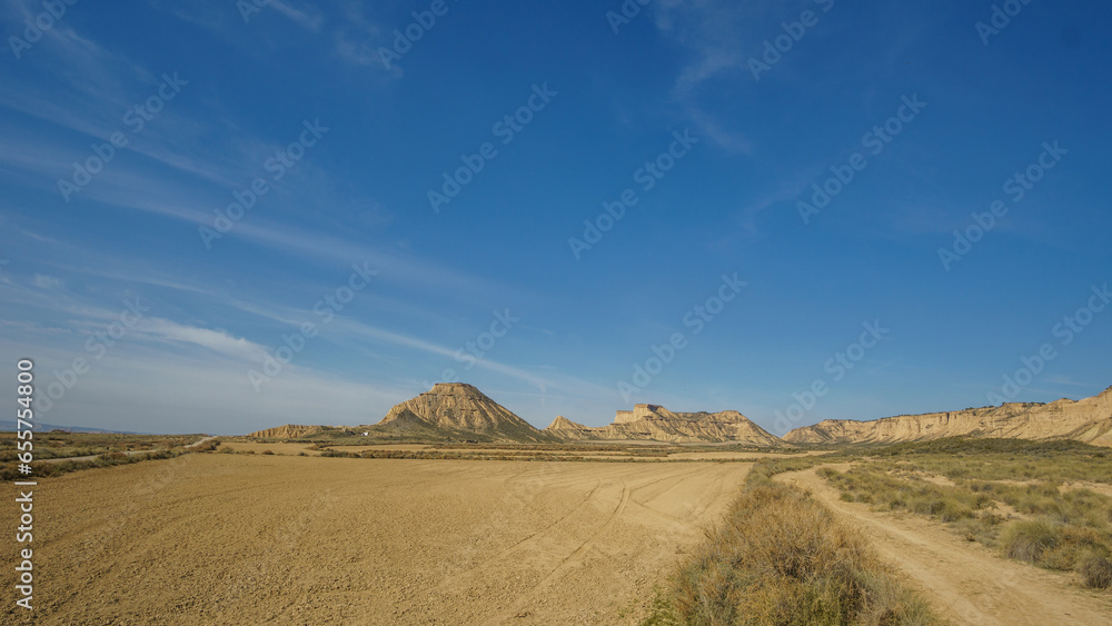 Cabezo de Sanchicorrota or karrera orteera at Desert landscape of the arid plateau of the Bardenas Reales, Arguedas, Navarra, Spain