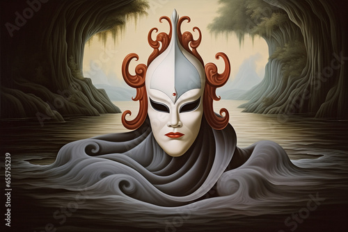 An enigmatic portrait of apersont with a mask of flowing water, expressing fluidity and adaptability photo