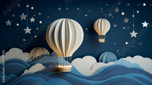 A Night Sky with a Paper Craft Hot Air Balloon, Designed in Origami Style for Baby Nursery and Children's Decor photo