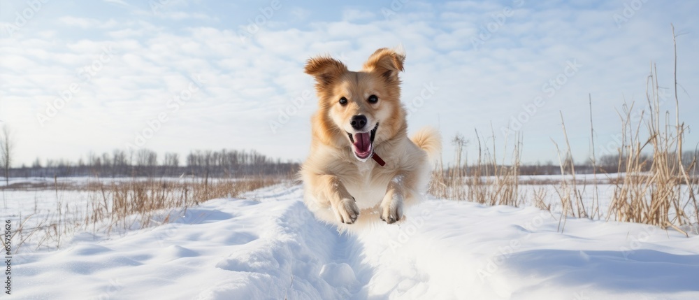 dog jumping winter snow meadow 