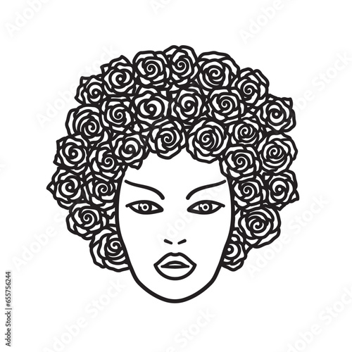 Fototapeta Naklejka Na Ścianę i Meble -  Face of beautiful woman with rose flowers as hair isolated vector illustration for Rose Day on February 7