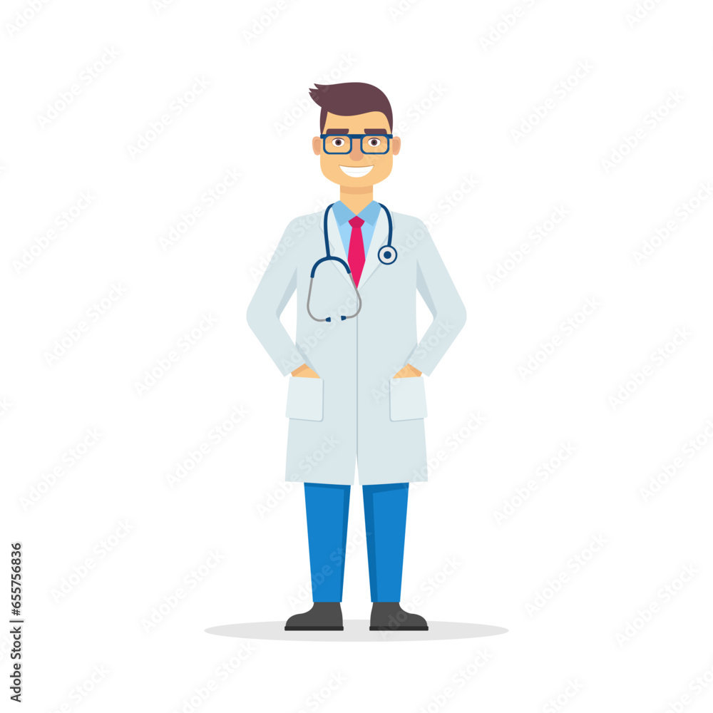 Doctor or practitioner with stethoscope at work, hospital or clinic staff. Medicine worker wearing gown. Cartoon character of smiling doctor. Healthcare and medicine concept clip art. Vector