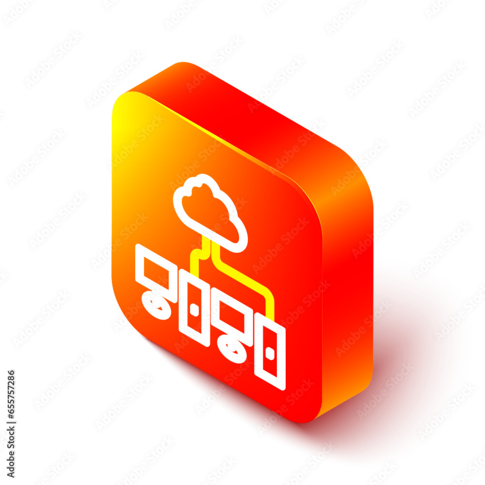 Isometric line Computer network icon isolated on white background. Laptop network. Internet connection. Orange square button. Vector Isometric line Computer network icon isolated on white background. Laptop network. Internet connection. Orange square button. Vector