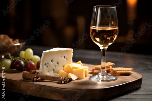 Closeup shot featuring glass, white wine, fresh cheese, wooden tray, and dark background. Generative AI