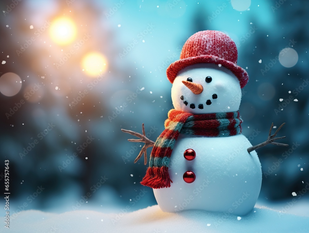 A funny snowman hat and scarf, in the style of bokeh panorama
