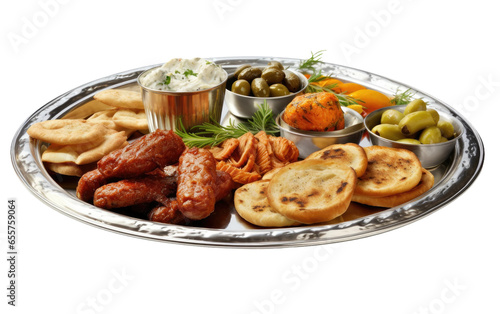 Tasty Silver Serving Platter Isolated on White Transparent Background.