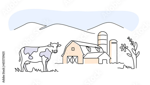 Cow with barn line art drawing. Minimalist black linear sketch