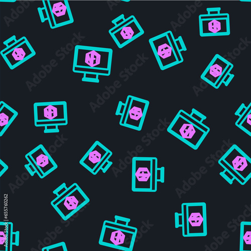 Line Monitor with art store app icon isolated seamless pattern on black background. Technology of selling NFT tokens for cryptocurrency. Non fungible token concept. Vector