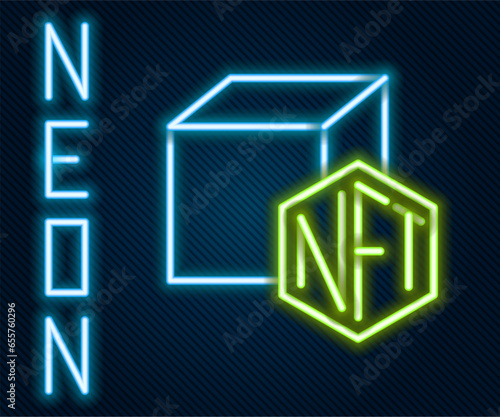 Glowing neon line NFT Digital crypto art icon isolated on black background. Non fungible token. Colorful outline concept. Vector
