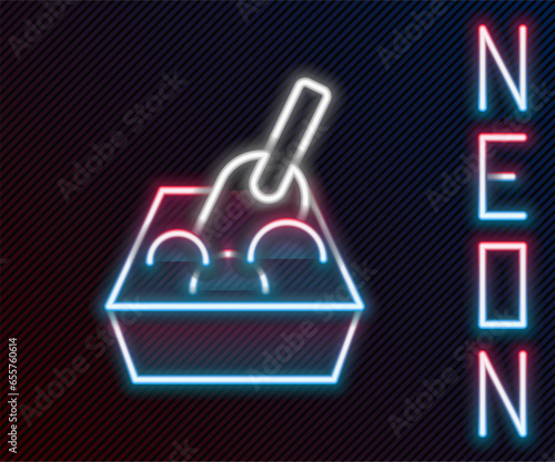 Glowing neon line Cat litter tray with shovel icon isolated on black background. Sandbox cat with shovel. Colorful outline concept. Vector