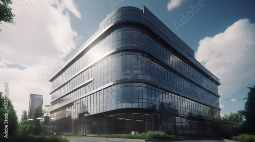 A modern company office building with glass facade and a sun shining on the windows