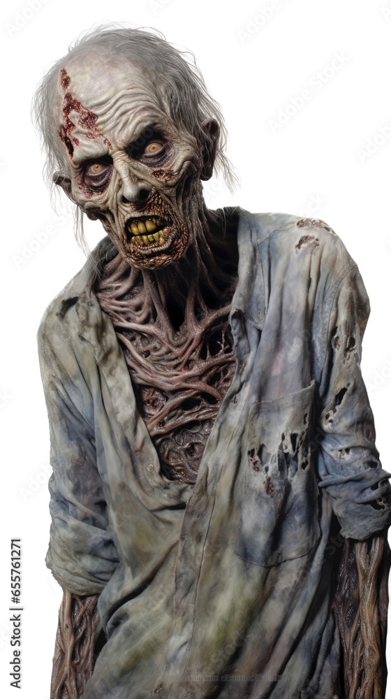 human scary zombie head isolated on a transparent background.