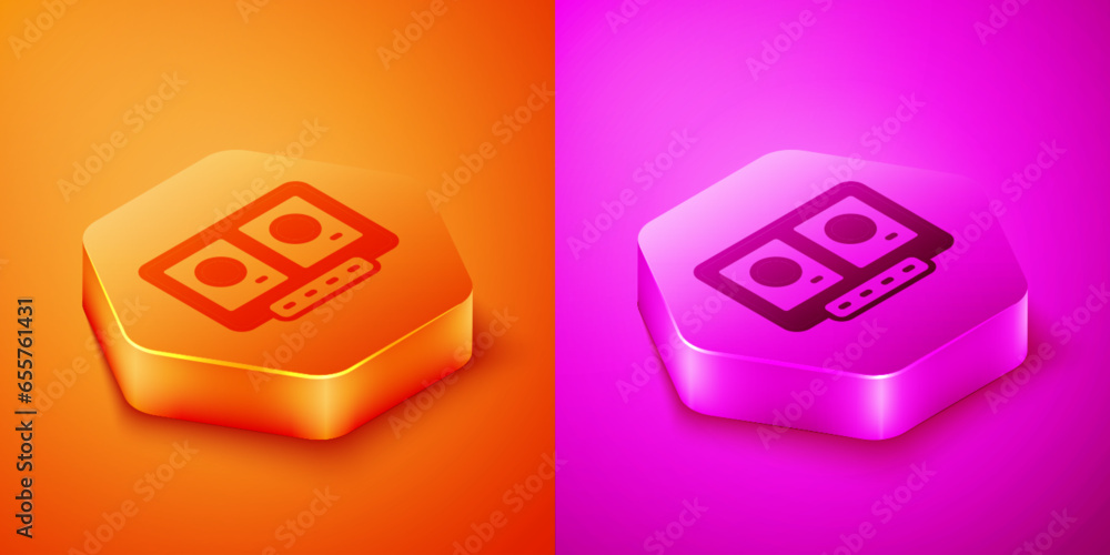 Isometric DJ remote for playing and mixing music icon isolated on orange and pink background. DJ mixer complete with vinyl player and remote control. Hexagon button. Vector Isometric DJ remote for playing and mixing music icon isolated on orange and pink background. DJ mixer complete with vinyl player and remote control. Hexagon button. Vector