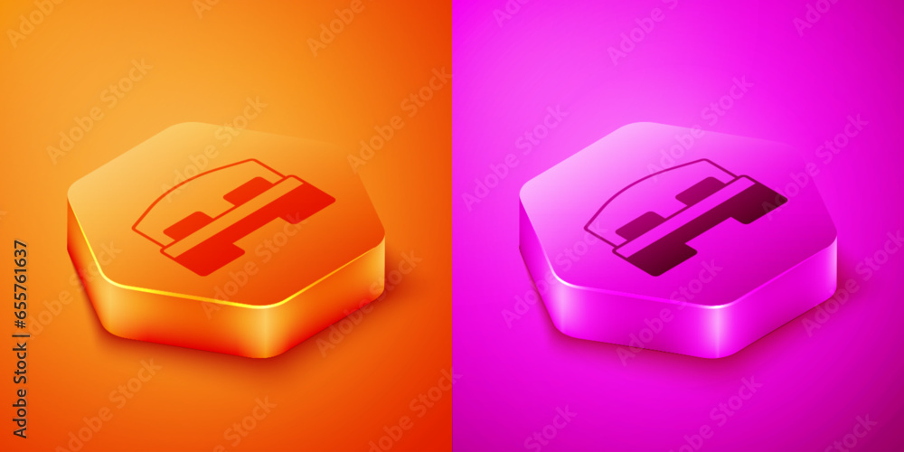 Isometric Hotel room bed icon isolated on orange and pink background. Hexagon button. Vector Isometric Hotel room bed icon isolated on orange and pink background. Hexagon button. Vector
