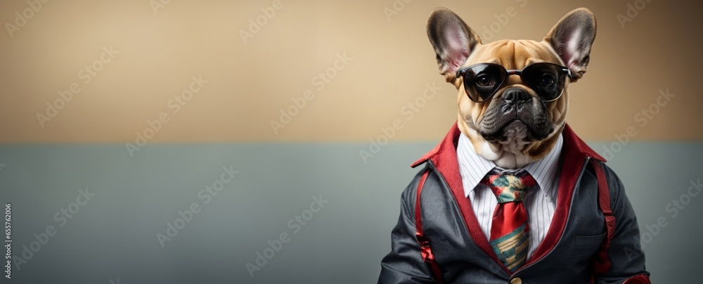 Cool looking French bulldog dog wearing funky fashion dress - jacket, tie, glasses. Wide banner with space for text right side. Stylish animal posing as supermodel Cool looking French bulldog dog wearing funky fashion dress - jacket, tie, glasses. Wide banner with space for text right side. Stylish animal posing as supermodel