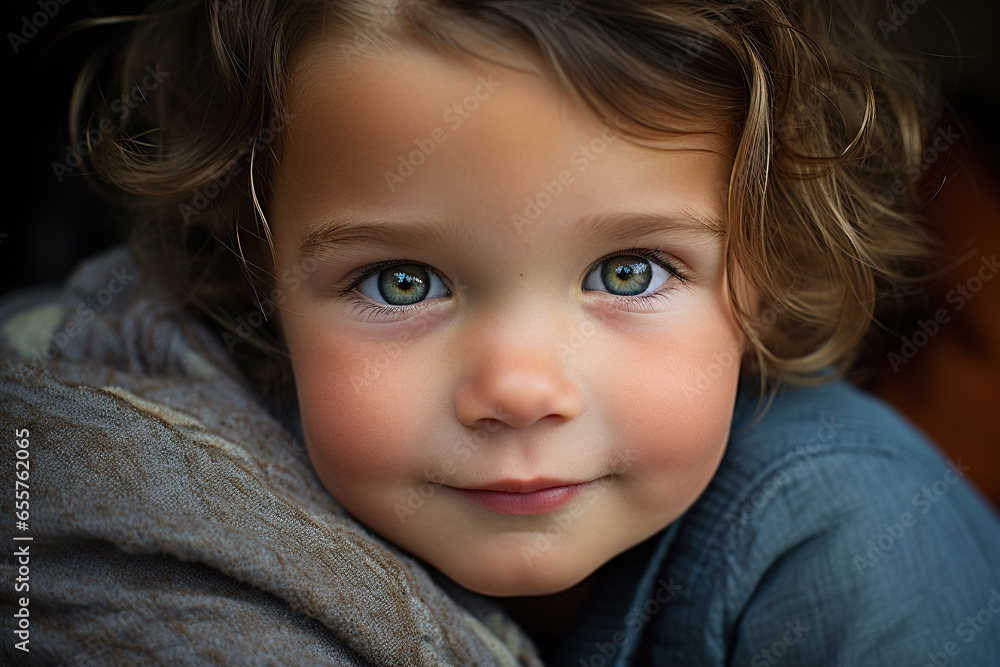 Portrait of a beautiful child girl with big eyes and a sweet smile looking at camera Portrait of a beautiful child girl with big eyes and a sweet smile looking at camera