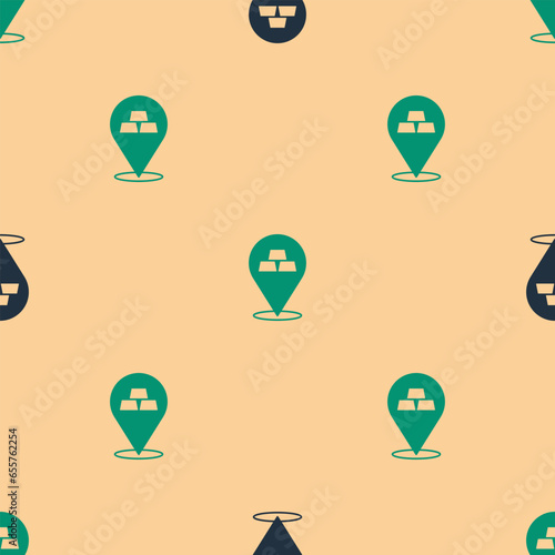 Green and black Gold bars icon isolated seamless pattern on beige background. Banking business concept. Vector