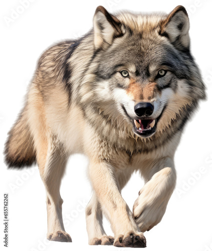 Walking angry grey wolf isolated on a white background as transparent PNG