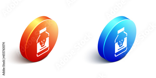 Isometric Poisoned pill icon isolated on white background. Pill with toxin. Dangerous drug. Orange and blue circle button. Vector