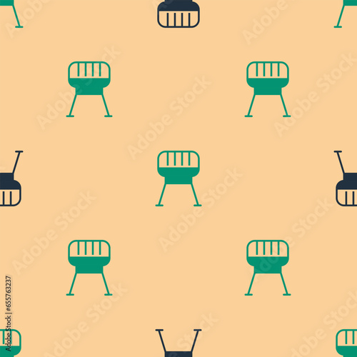 Green and black Barbecue grill icon isolated seamless pattern on beige background. BBQ grill party. Vector