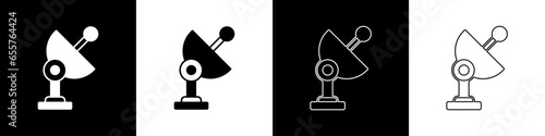 Set Radar icon isolated on black and white background. Search system. Satellite sign. Vector