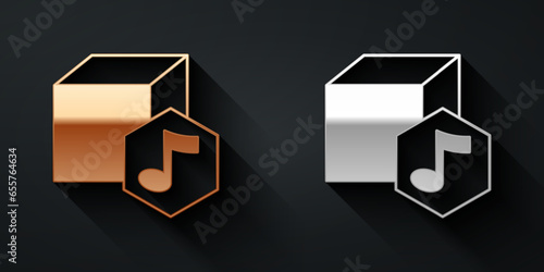 Gold and silver NFT Digital crypto art icon isolated on black background. Non fungible token. Long shadow style. Vector