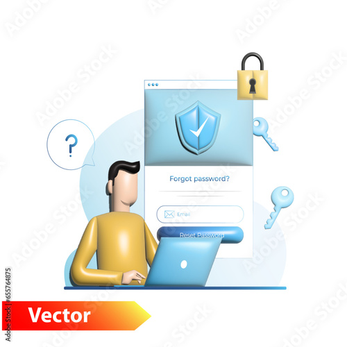 3D man forgot password for website, app on Internet. Restoring access to your account with code, key. Data protection, personal information with shield, padlock. Technical support if there is problem.
