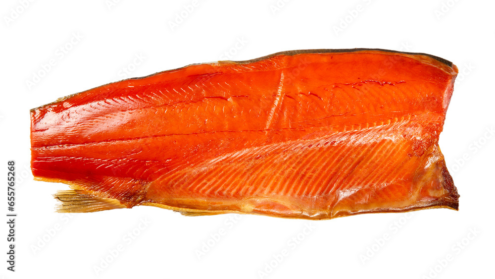 Sockeye salmon fillet isolated on white background. Сold smoked red salmon fish fillet.