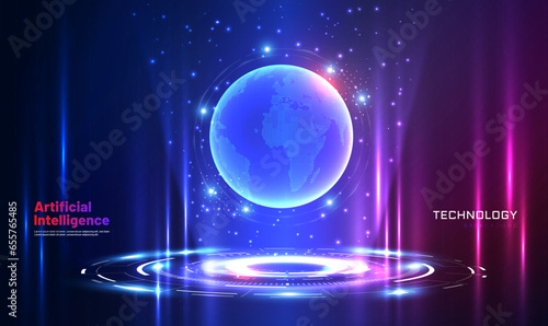 Portal and Globe hologram science futuristic. Sci-fi digital technology concept. Artificial Intelligence. Magic gate in game fantasy. Teleport. Warp gate.GUI, UI, 3d virtual reality.Tech. Vector EPS10