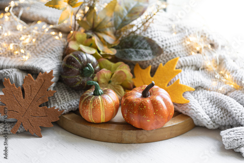 Autumn still life with pumpkins  leaves and knitted element.