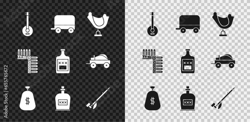 Set Banjo, Wild west covered wagon, saddle, Money bag, Alcohol drink Rum bottle, Native American indian smoking pipe, Indian headdress with feathers and Whiskey icon. Vector