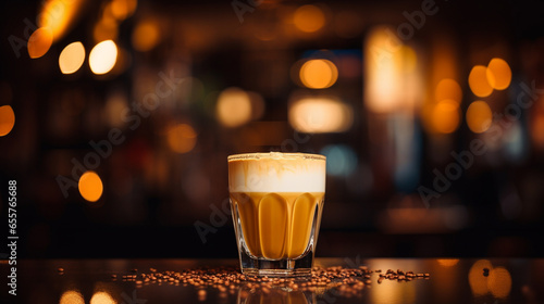 Product photograph of Capuccino paper glass on a table in a nigth bar. Dramatic light. Yellow color palette. Drinks.