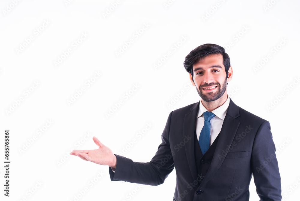 Businessman making a welcoming gesture with his arm out in front of a white background with copy space. Businessman making a welcoming gesture with his arm out in front of a white background with copy space.