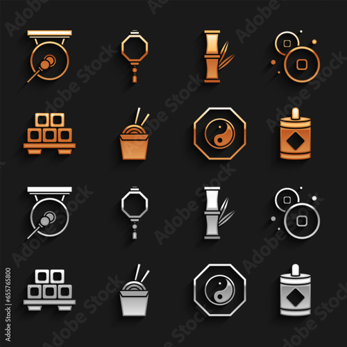 Set Asian noodles in paper box and chopsticks, Chinese Yuan currency, Firework, Yin Yang, Sushi on cutting board, Bamboo, Gong and lantern icon. Vector