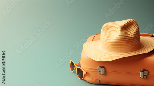 A suitcase with hat and sunglasses isolated on bright background with copyspace. summer, travel and vacation concept
