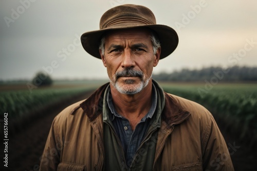 Closeup portrait of a senior farmer standing in agricultural field