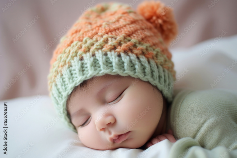 Adorable infant in knitted hat peacefully napping in a fluffy white blanket. Cute newborn concept Adorable infant in knitted hat peacefully napping in a fluffy white blanket. Cute newborn concept