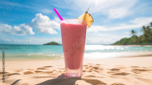 Product photograph of Milkshake glass in the sand on a tropical beach. Sunlight. Pink color palette. Drinks.