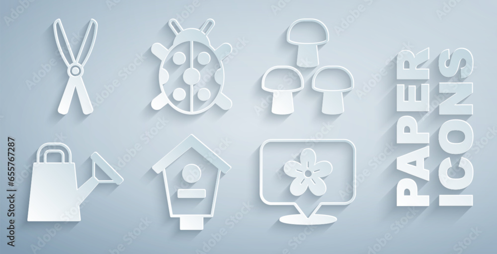 Set Bird house, Mushroom, Watering can, Location with flower, Ladybug and Gardening handmade scissors icon. Vector Set Bird house, Mushroom, Watering can, Location with flower, Ladybug and Gardening handmade scissors icon. Vector
