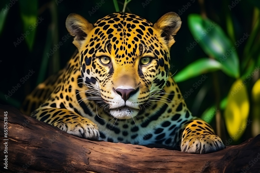 Obraz premium Portrait of a leopard in the jungle. Wild animal.