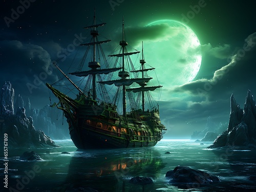 Fantasy landscape with old ship and full moon. 3D rendering