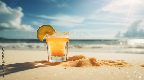 Product photograph of Tequila shot with salt and lime in the sand on a tropical beach. Sunlight. Orange color palette. Drinks.