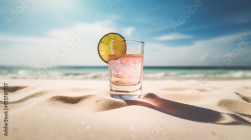 Product photograph of Tequila shot with salt and lime in the sand on a tropical beach. Sunlight. Pink color palette. Drinks.