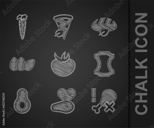 Set Tomato, Steak meat, No chicken leg, Leather, Avocado fruit, Chicken egg, Vegan bread loaf and Carrot icon. Vector